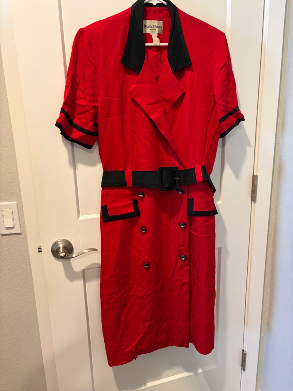 Danny & Nicole Red Short-Sleeve Double-Breasted Dress with Black Trim, Vintage